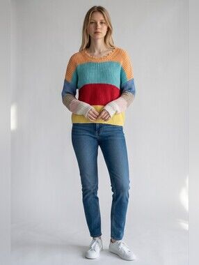 525 America Rainbow Colorblock Striped Knit Sweater Frayed Neck V-Back Size M